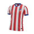 Archive Football Atletico Madrid 2012/13 home jersey with red and white stripes, blue V-neck, and embroidered crest.