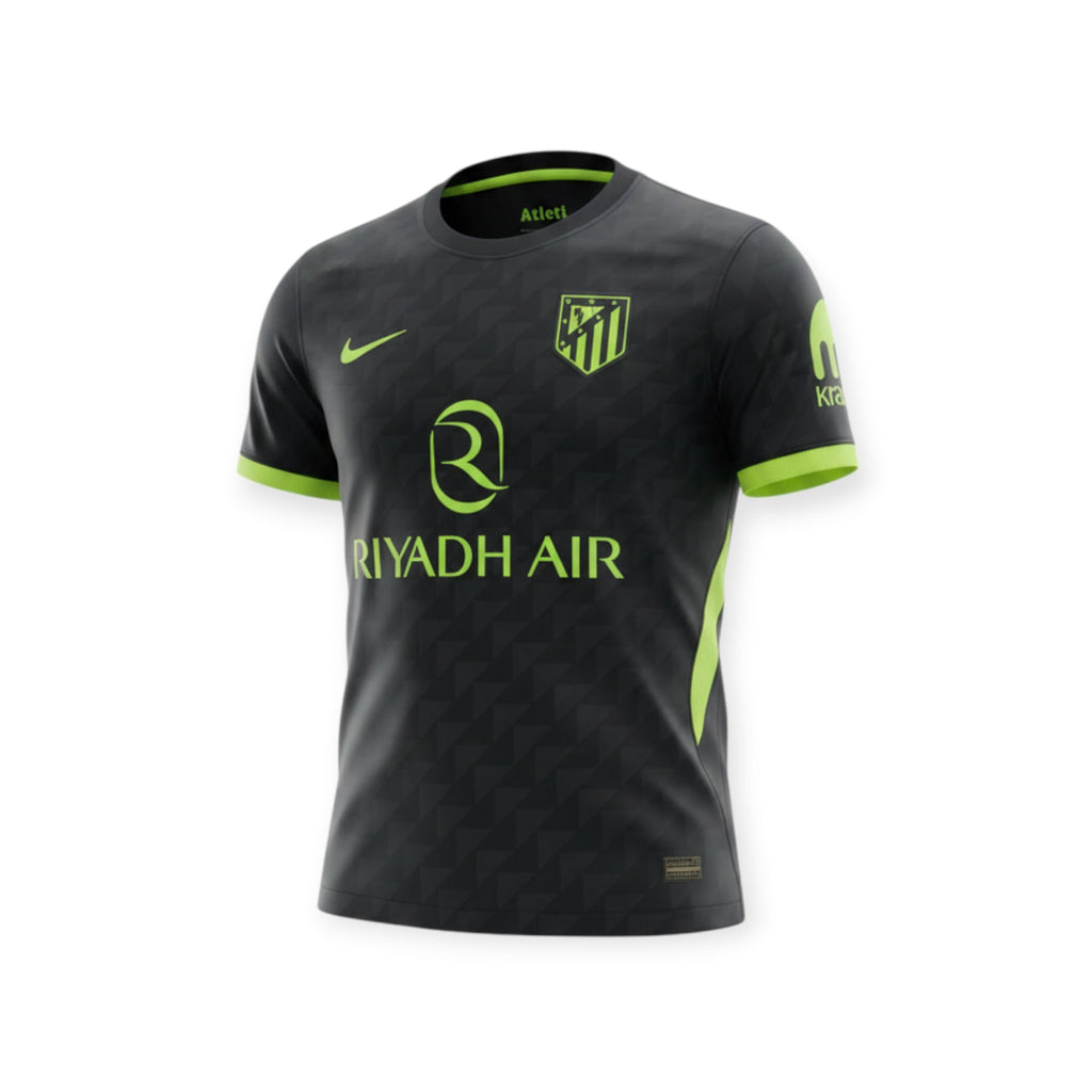 Archive Football Atletico de Madrid 2026/2027 away jersey in black with neon green accents and geometric pattern.