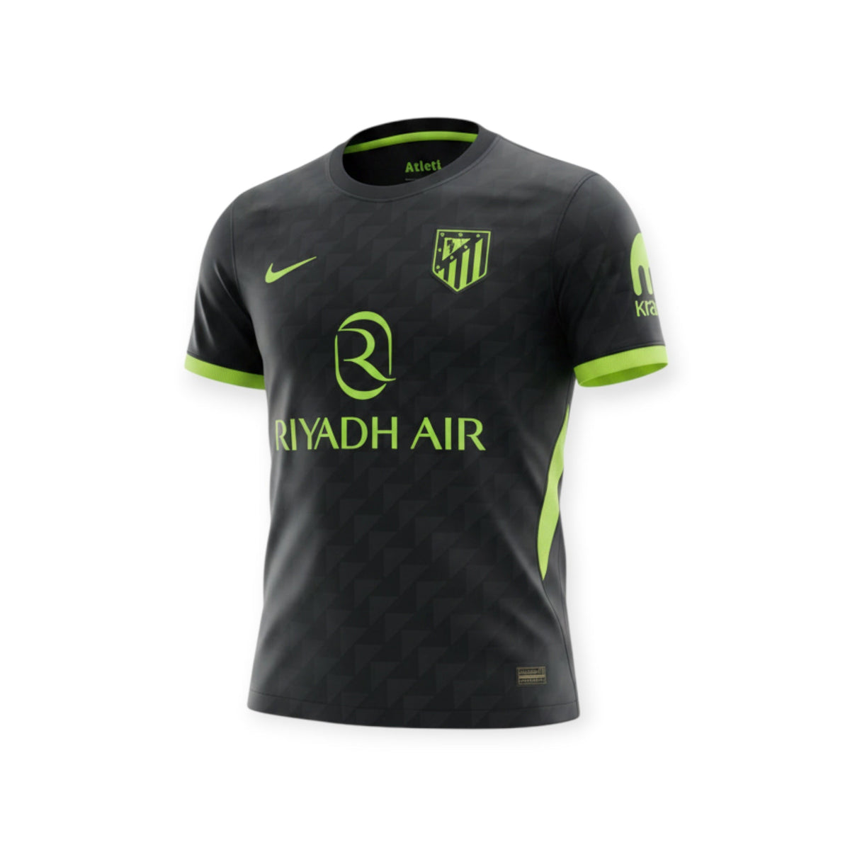 Archive Football Atletico de Madrid 2026/2027 away jersey in black with neon green accents and geometric pattern.