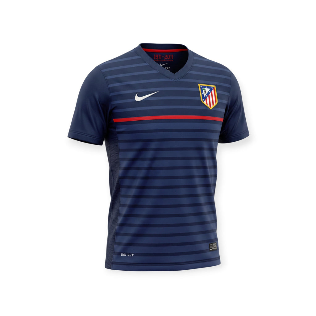 Archive Football Atletico Madrid 2011/12 away retro jersey in navy blue with horizontal stripes and embroidered crest
