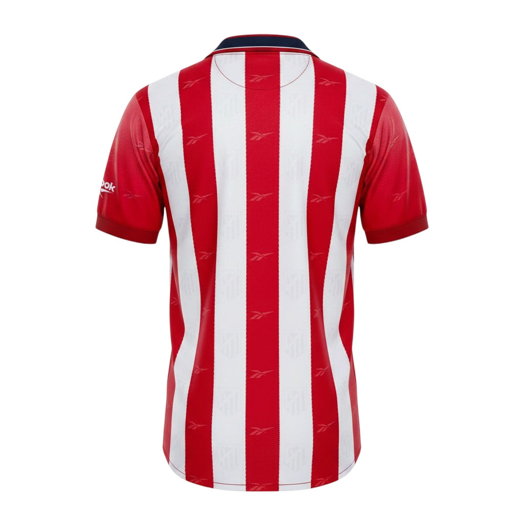 Archive Football Atletico Madrid 1998/99 retro home jersey, back view featuring red and white vertical stripes.
