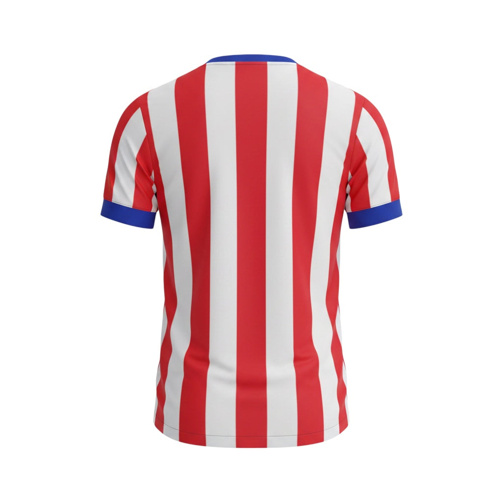 Back view of Archive Football Atletico Madrid 2012/13 home retro jersey with red and white stripes and blue trim.