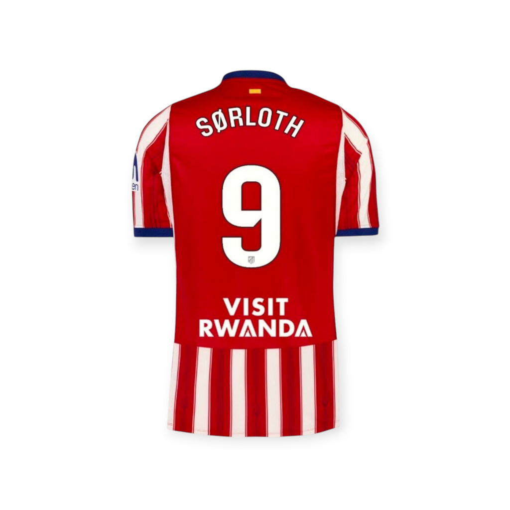Archive Football Atletico de Madrid home jersey with Sorloth 9 name and number on the back in red and white
