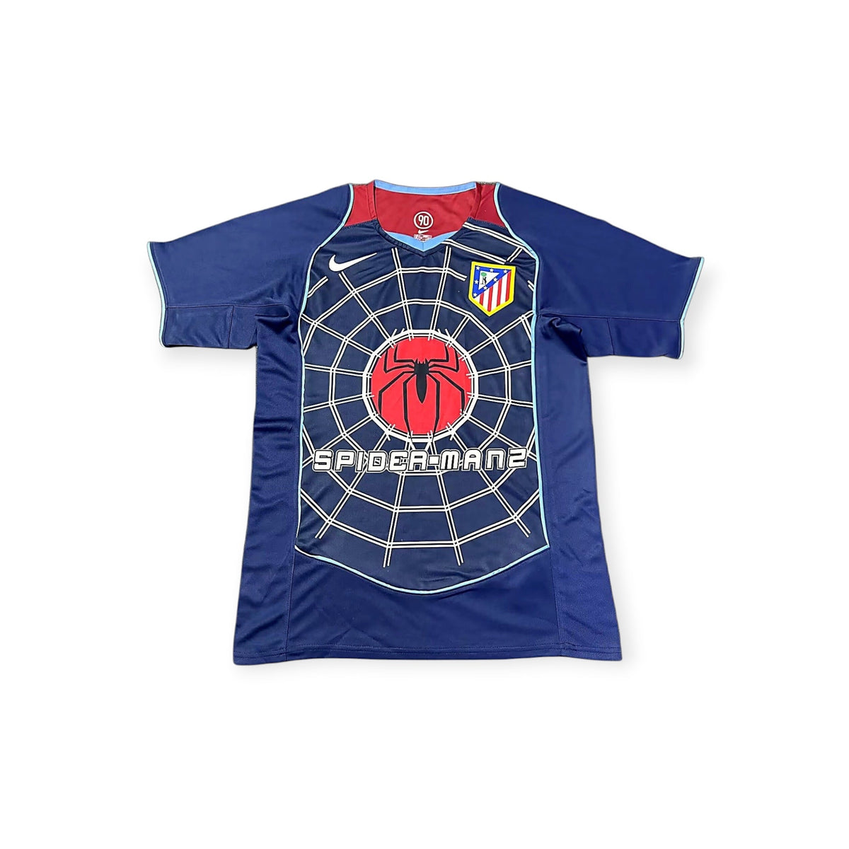 Archive Football Atletico Madrid 2004/05 away retro jersey in navy blue with Spider-Man 2 graphic and embroidered crest