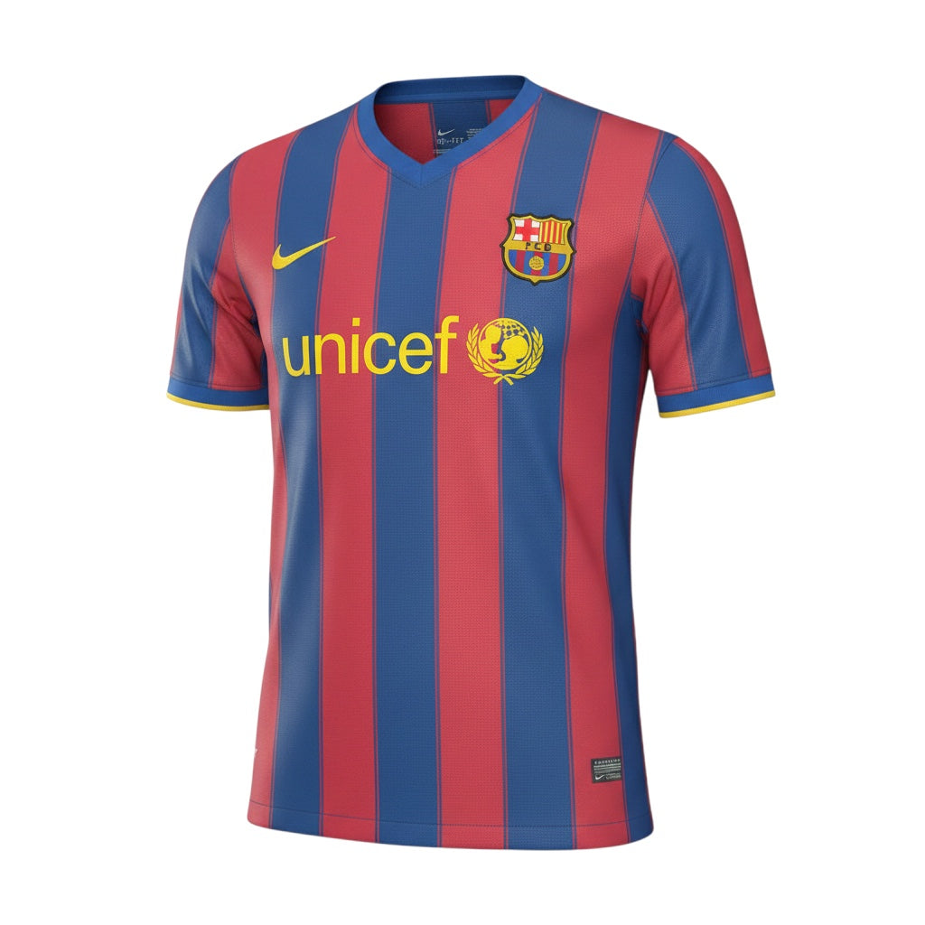 Archive Football FC Barcelona 2009/10 home retro jersey in iconic red and blue stripes with yellow accents