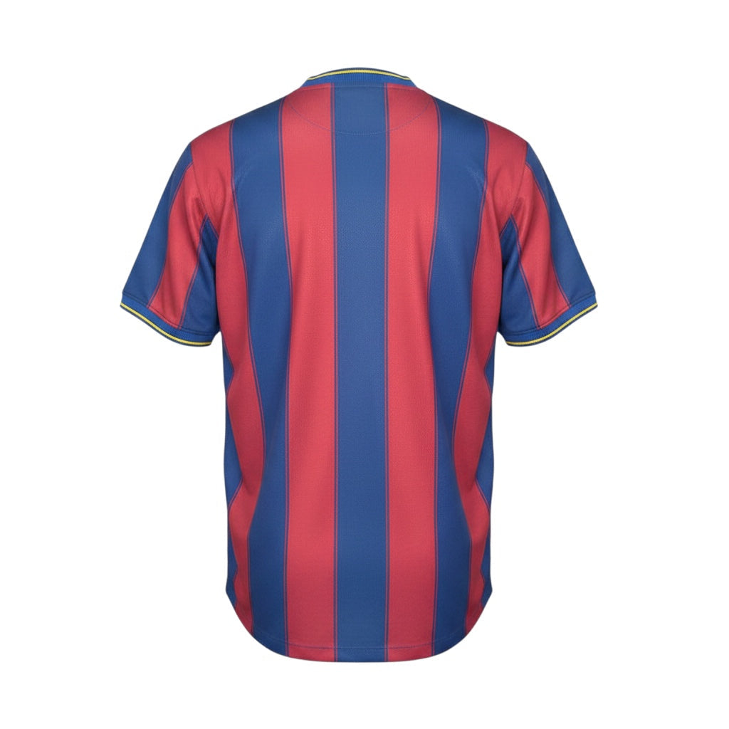 Archive Football FC Barcelona 2009/10 retro home jersey featuring iconic blue and red vertical stripes, back view.