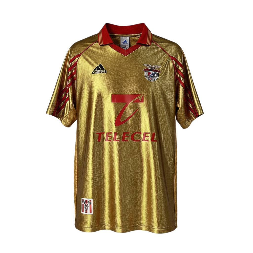 Archive Football Benfica 1998/99 retro away jersey in metallic gold with red collar and sponsor logo details.