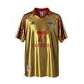 Archive Football Benfica 1998/99 retro away jersey in metallic gold with red collar and sponsor logo details.