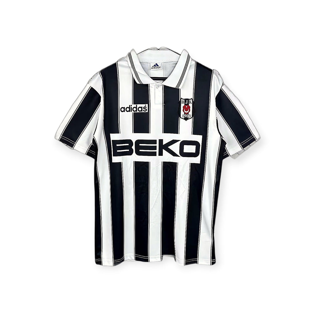 Archive Football Besiktas 1996/97 away retro jersey in black and white stripes with embroidered crest and sponsor logo