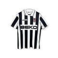 Archive Football Besiktas 1996/97 away retro jersey in black and white stripes with embroidered crest and sponsor logo