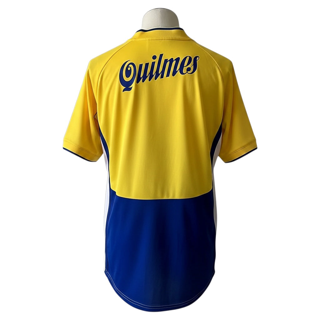 Archive Football Boca Juniors 2001 away retro jersey in yellow and blue with Quilmes sponsor logo on the back