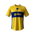 Archive Football Boca Juniors 2001 away retro jersey in yellow and blue with embroidered crest and sponsor logo