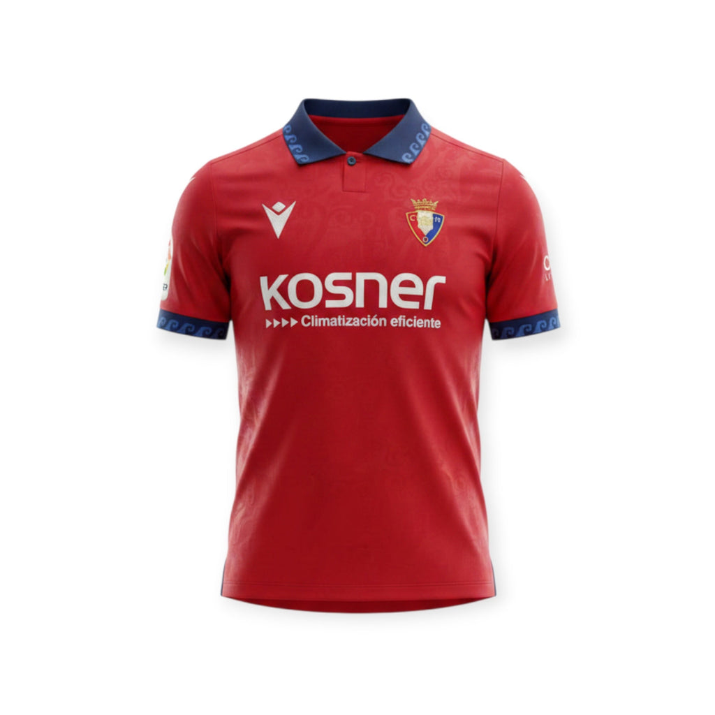 Archive Football CA Osasuna 2026/2027 home jersey in red with a blue polo collar and team emblem.