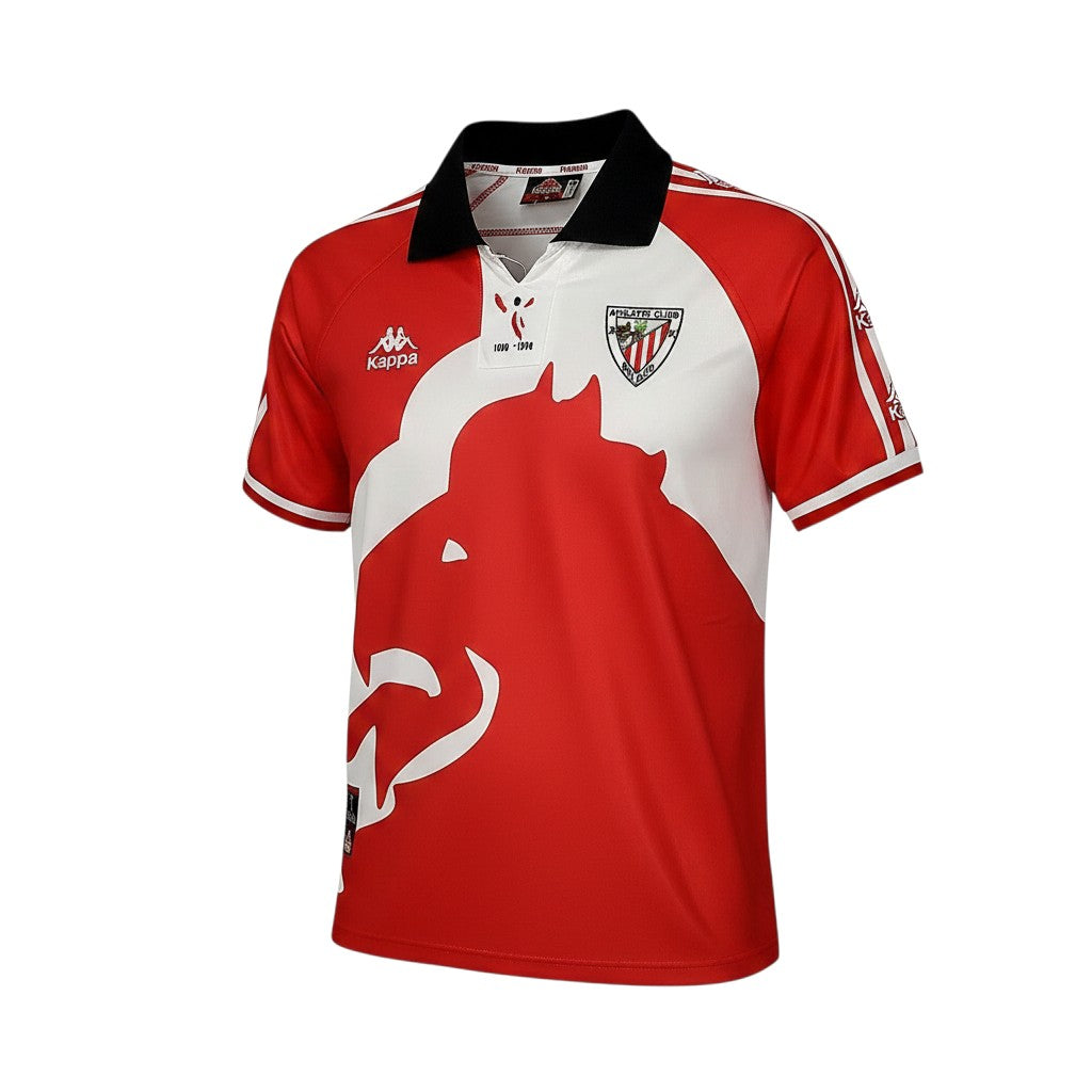 Camiseta retro de local del Athletic Bilbao 1997/98 de Archive Football con diseño rojo y blanco y cuello negro.