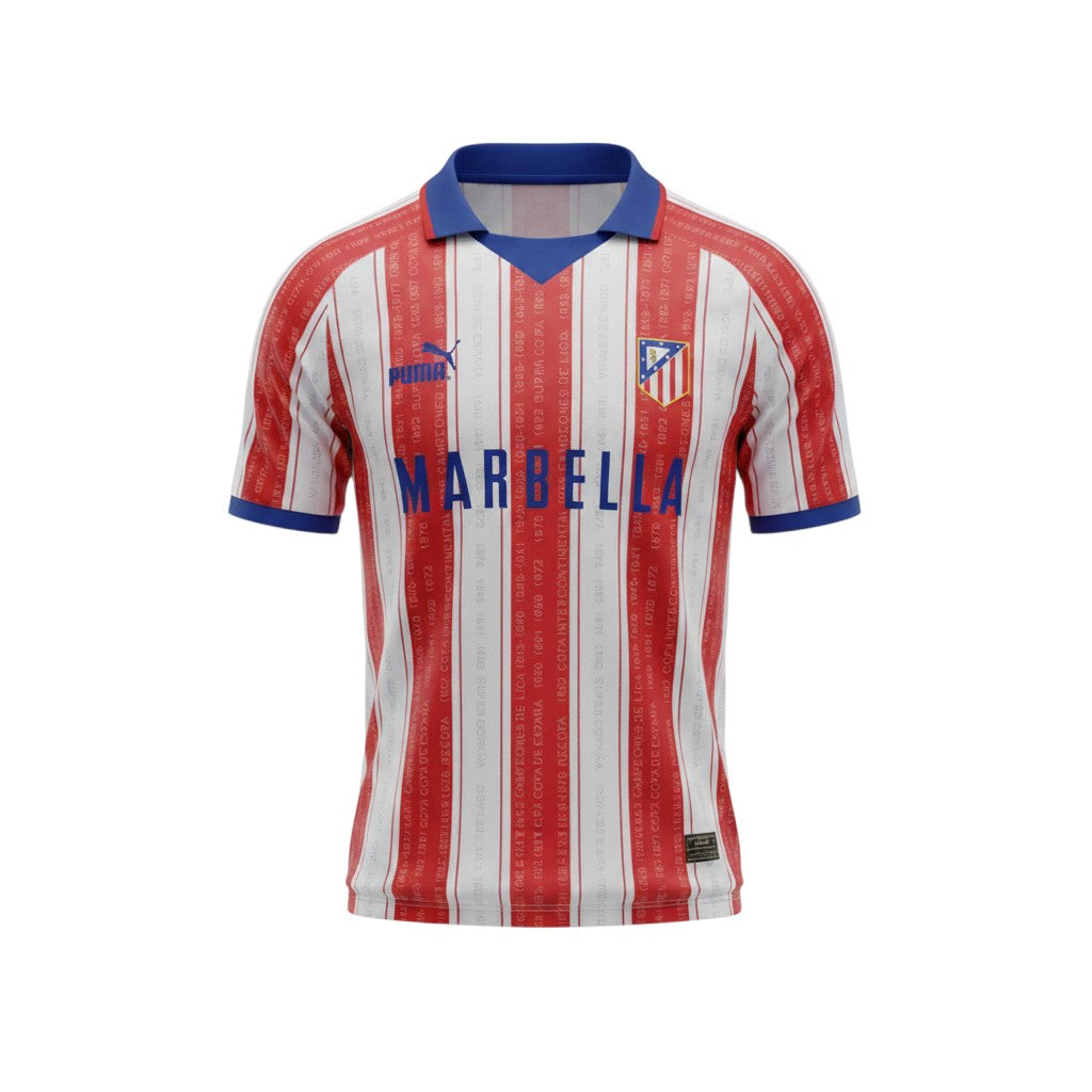 Camiseta retro de local del Atletico Madrid 1995/96 de Archive Football con rayas rojas y blancas y cuello azul