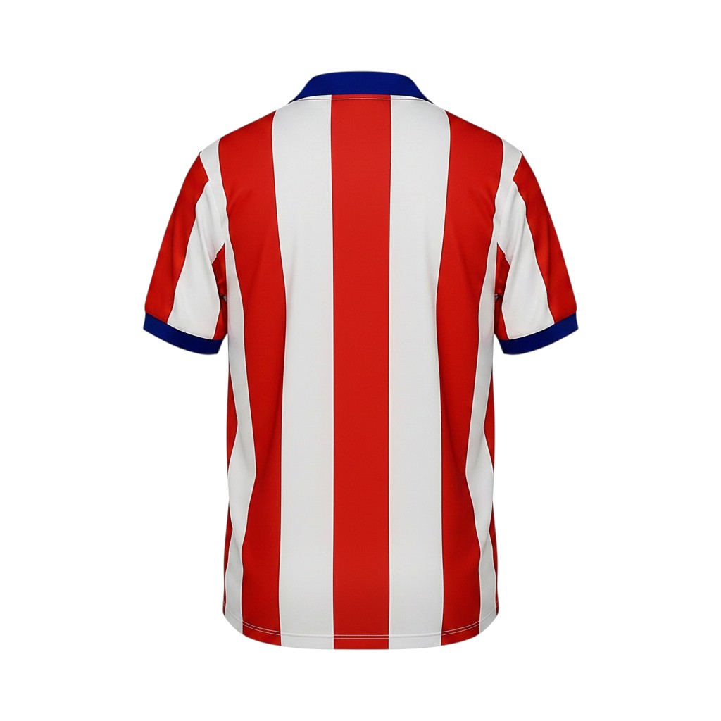 Vista trasera de la camiseta retro local 2014/15 del Atletico Madrid de Archive Football con rayas rojas y blancas