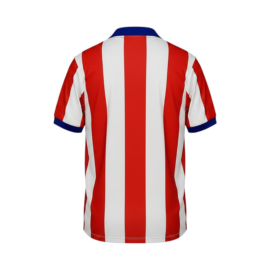 Vista trasera de la camiseta retro local 2014/15 del Atletico Madrid de Archive Football con rayas rojas y blancas