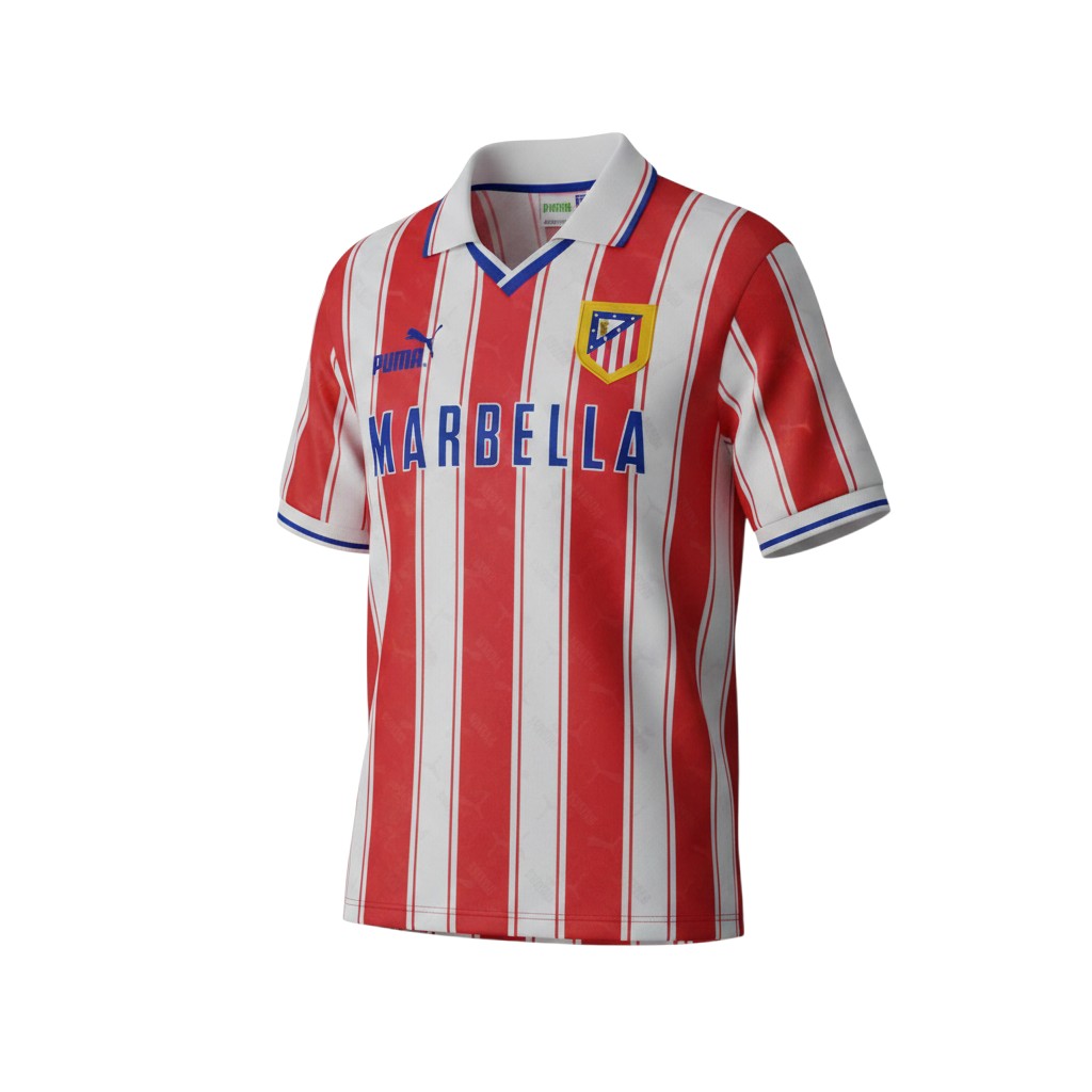 Camiseta retro de local del Atletico Madrid 1994/95 de Archive Football con rayas rojas y blancas y logo Marbella