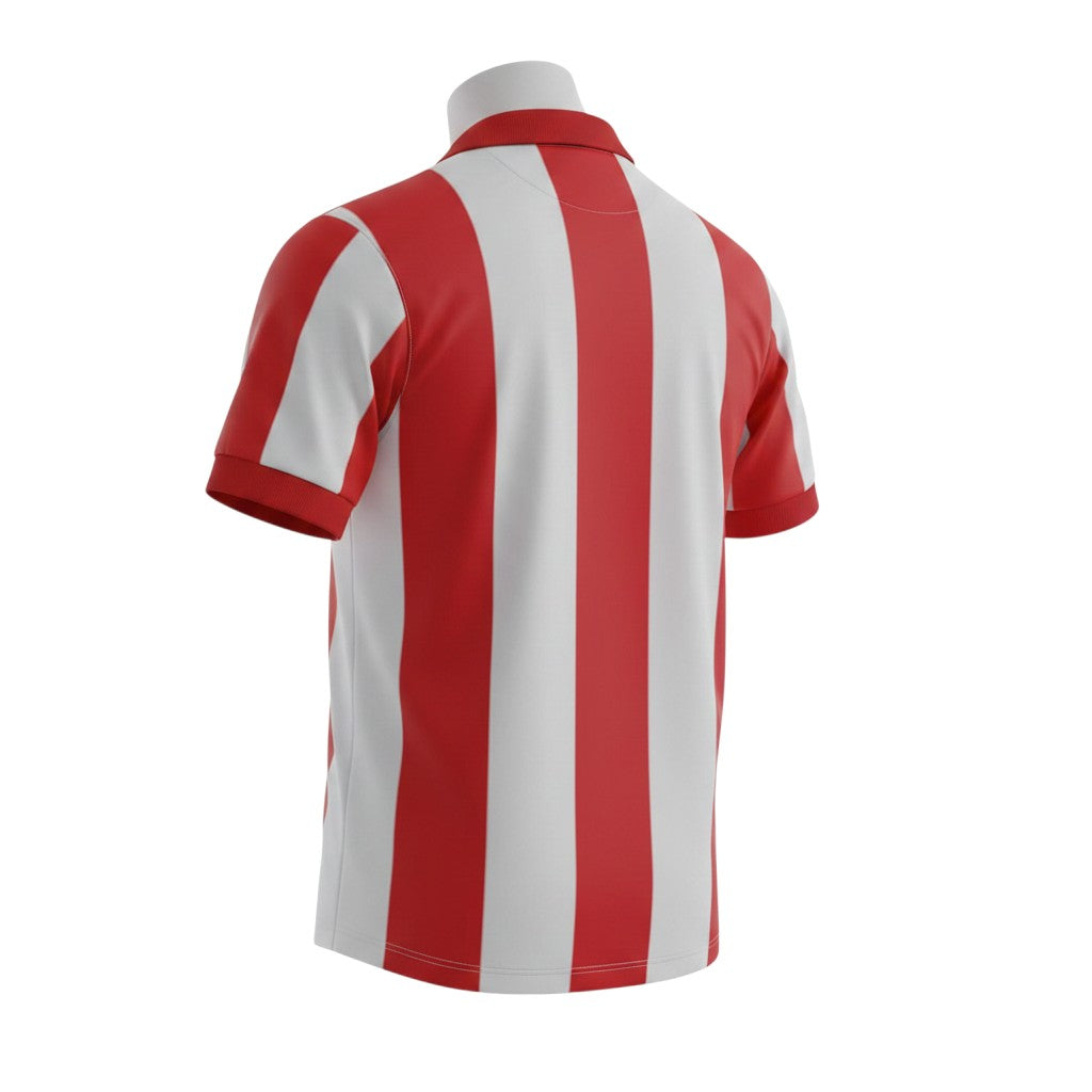 Vista trasera de la camiseta retro Archive Football del Atletico Madrid 2003 con rayas verticales rojas y blancas