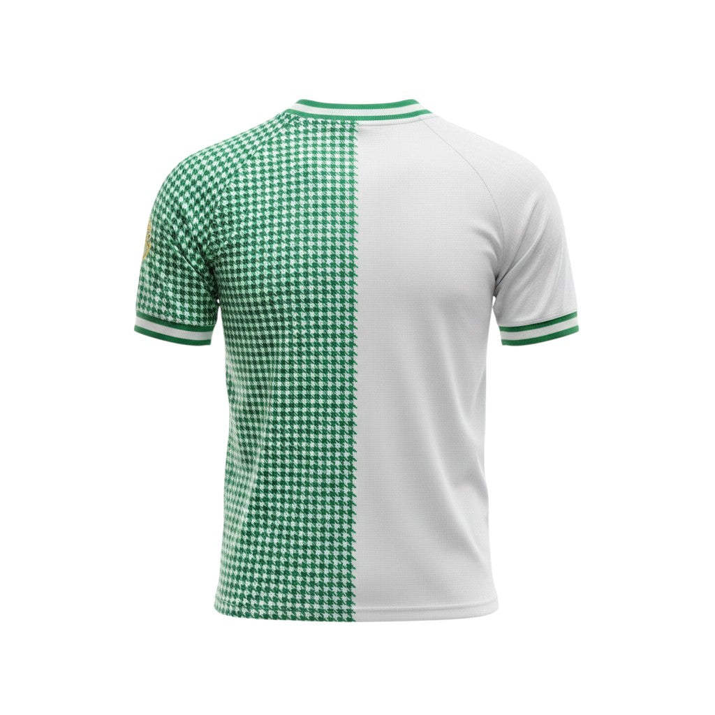 Vista trasera de la camiseta especial Racing de Santander 2026/2027 de Archive Football con diseño bicolor y pata de gallo