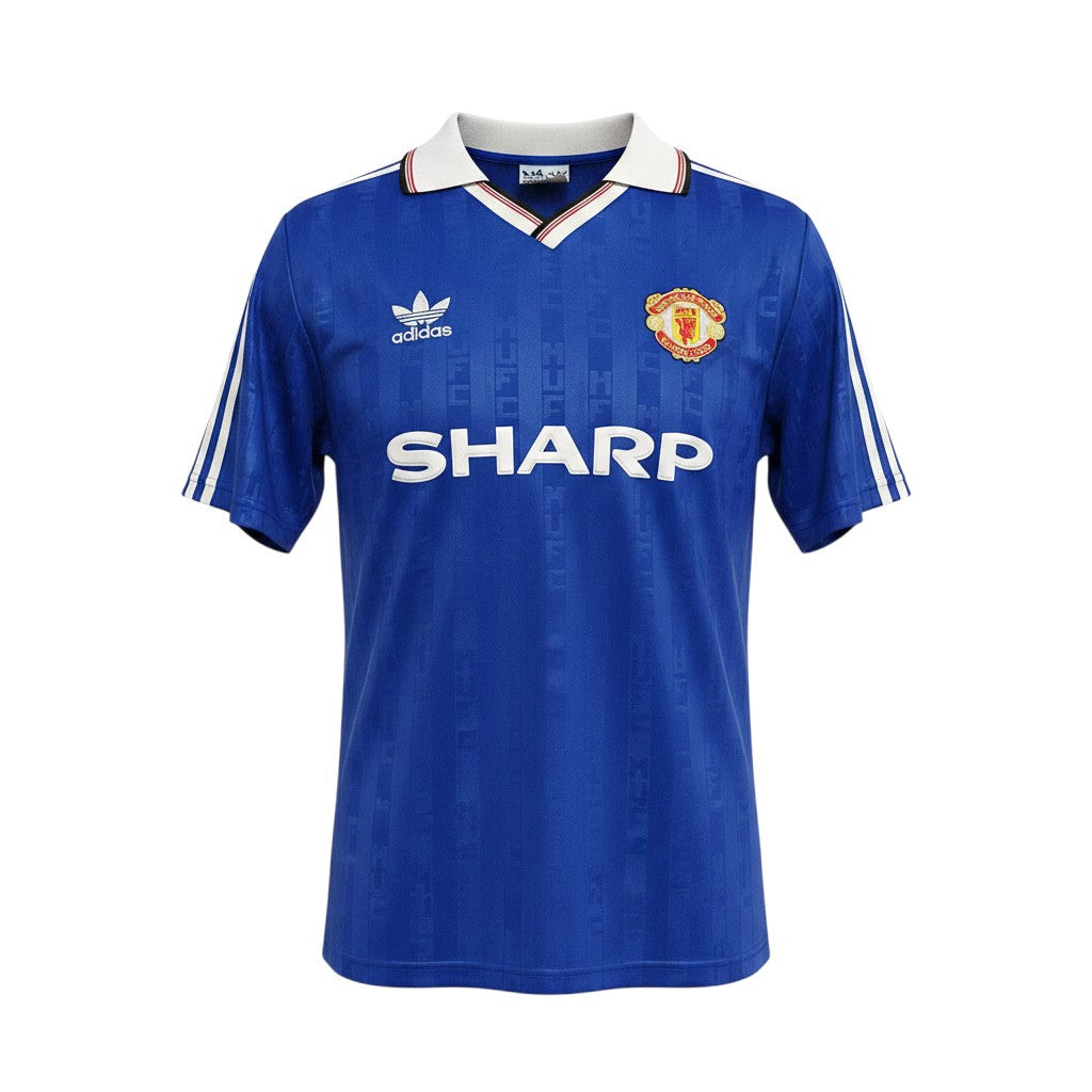 Camiseta retro Archive Football del Manchester United 1988/89 en azul con cuello en V y detalles bordados