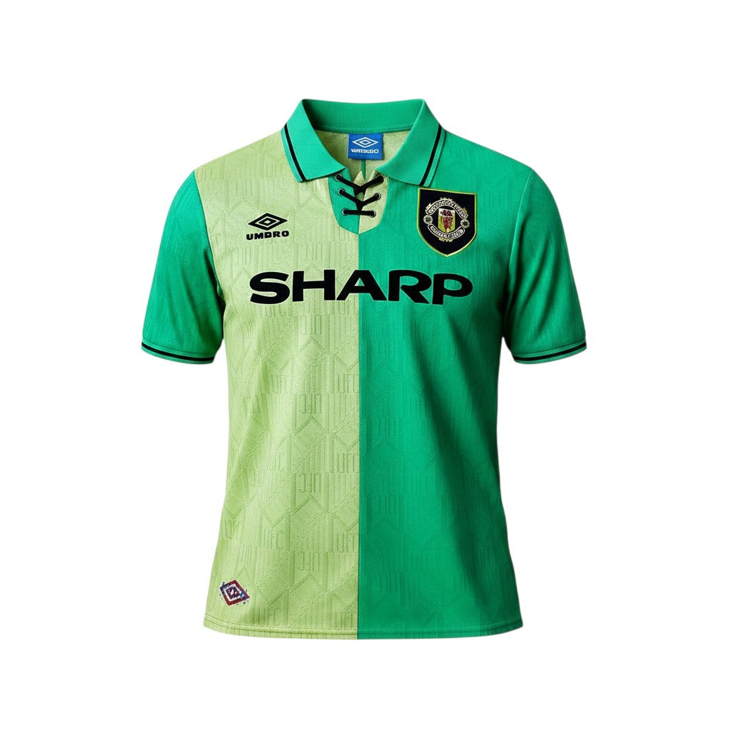 Camiseta retro Archive Football del Manchester United 1992/94, diseño bicolor verde con cuello acordonado y logo Sharp