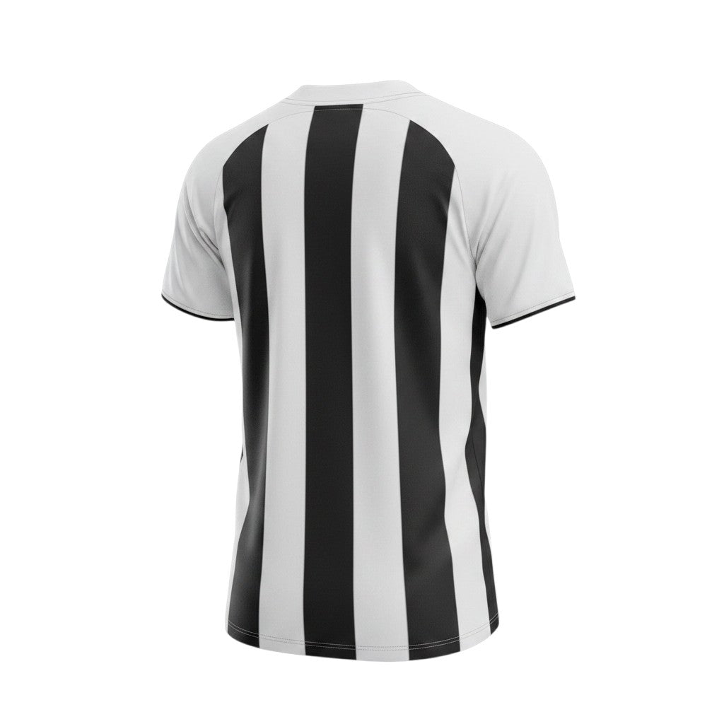 Vista trasera de la camiseta retro local 2005/07 del Newcastle United de Archive Football con rayas blancas y negras