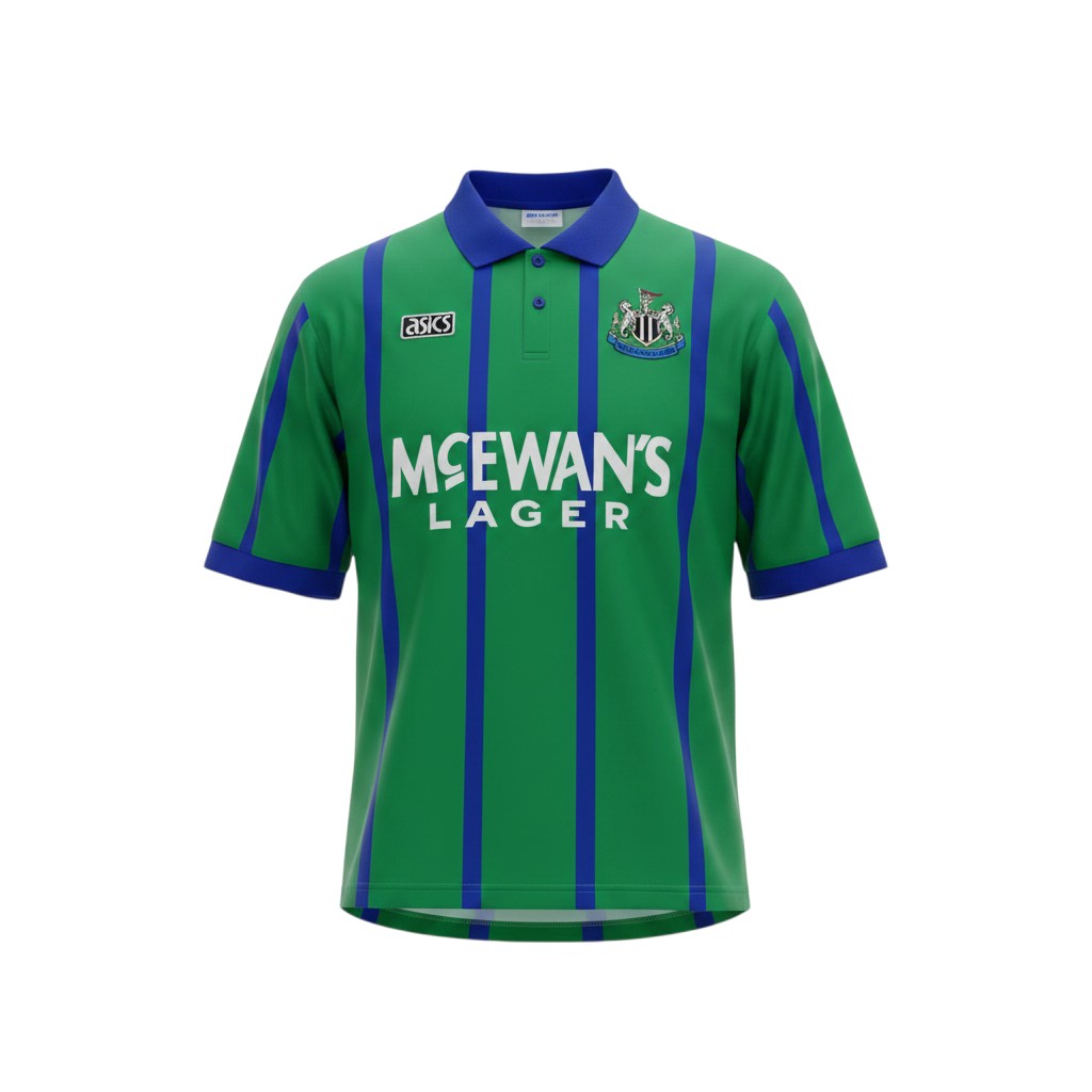 Camiseta retro Archive Football del Newcastle United 1993/95, verde con rayas azules, cuello polo y logo bordado.