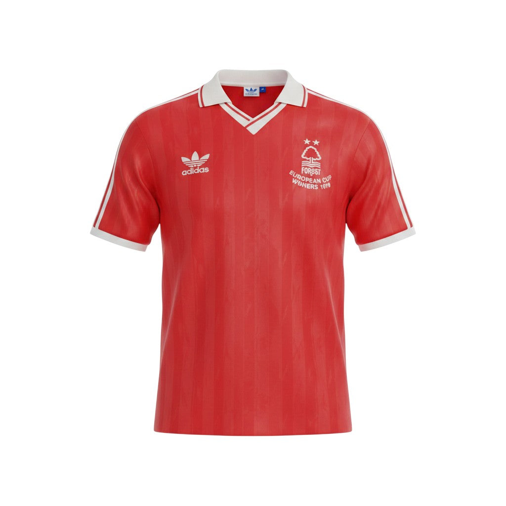 Camiseta retro de local del Nottingham Forest 1979 de Archive Football en color rojo con cuello y detalles blancos