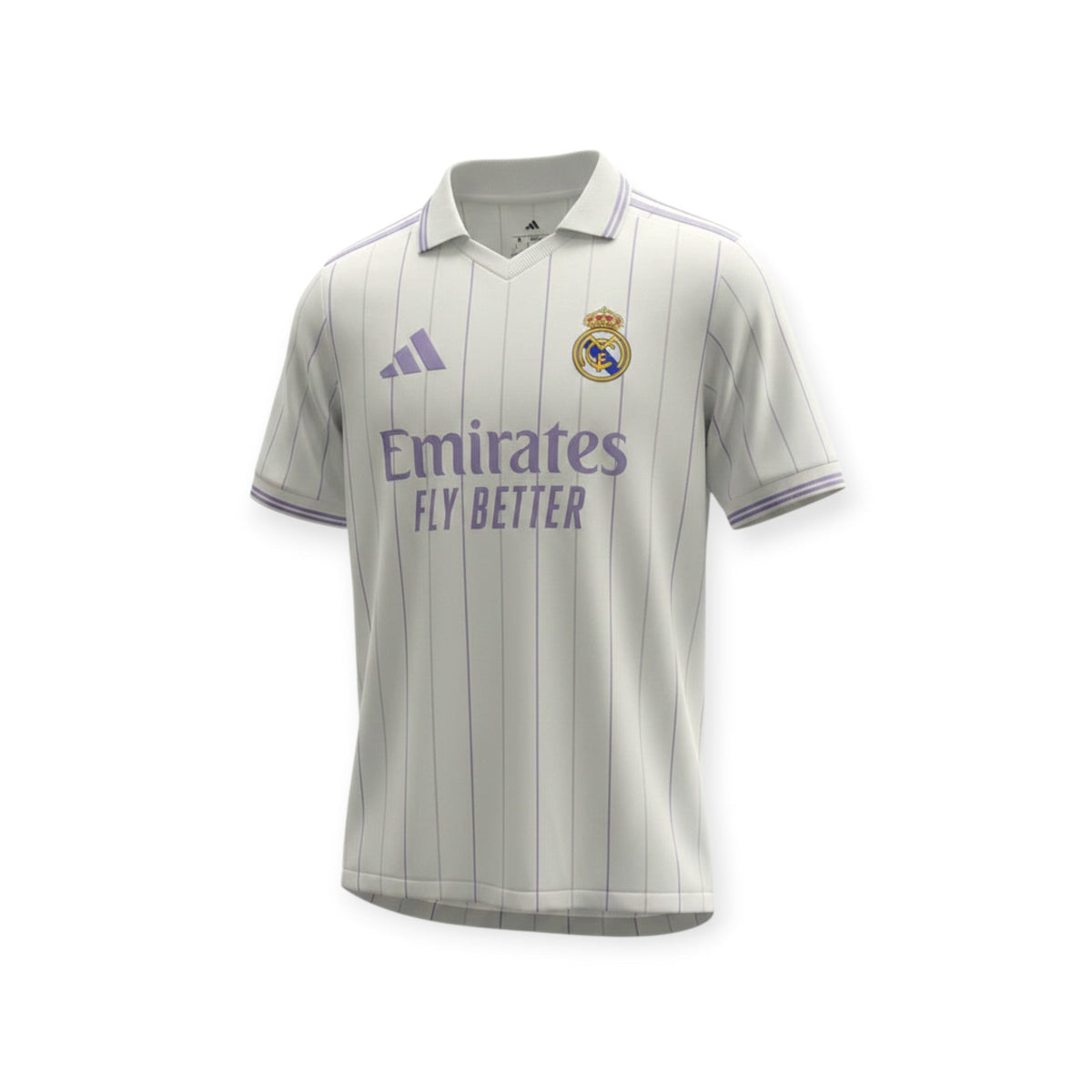 Camiseta retro del Real Madrid 2026/2027 de Archive Football en color blanco con rayas finas y detalles morados