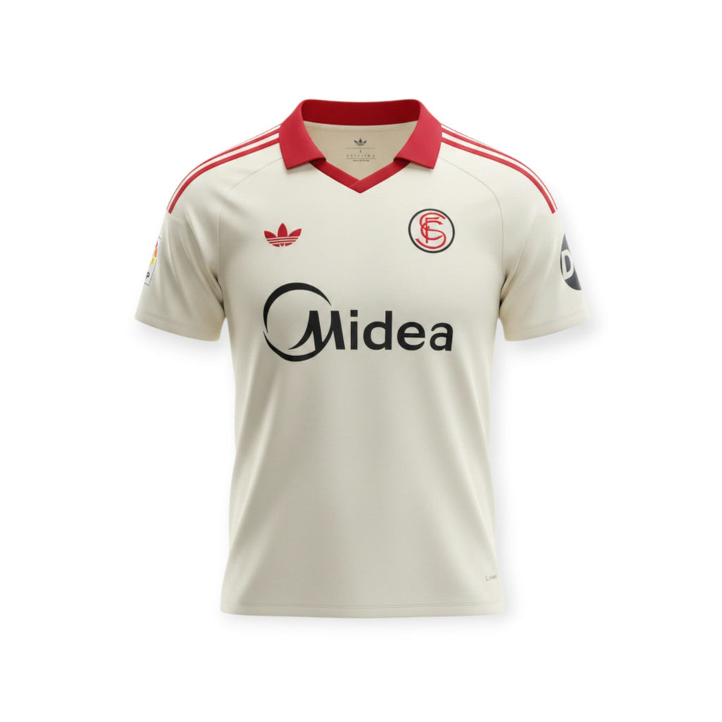Camiseta retro Sevilla FC 2026/2027 de Archive Football en color crema con detalles rojos y logo de Midea