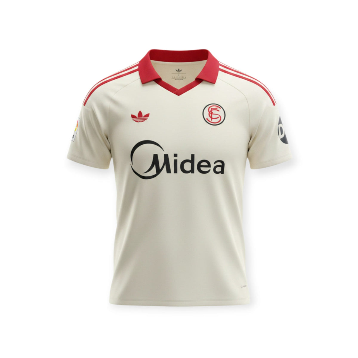 Camiseta retro Sevilla FC 2026/2027 de Archive Football en color crema con detalles rojos y logo de Midea