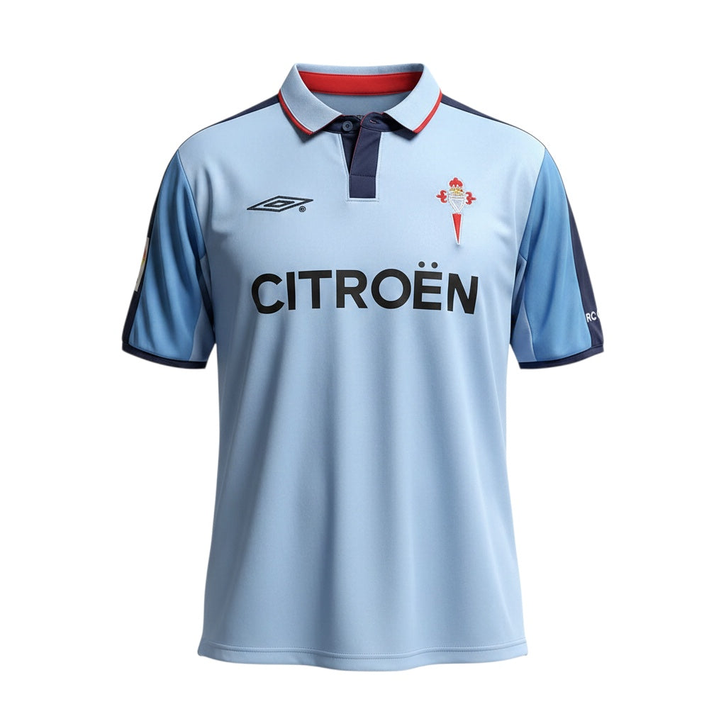 Archive Football Celta Vigo 2003/05 retro home jersey in sky blue with polo collar, embroidered crest, and sponsor.