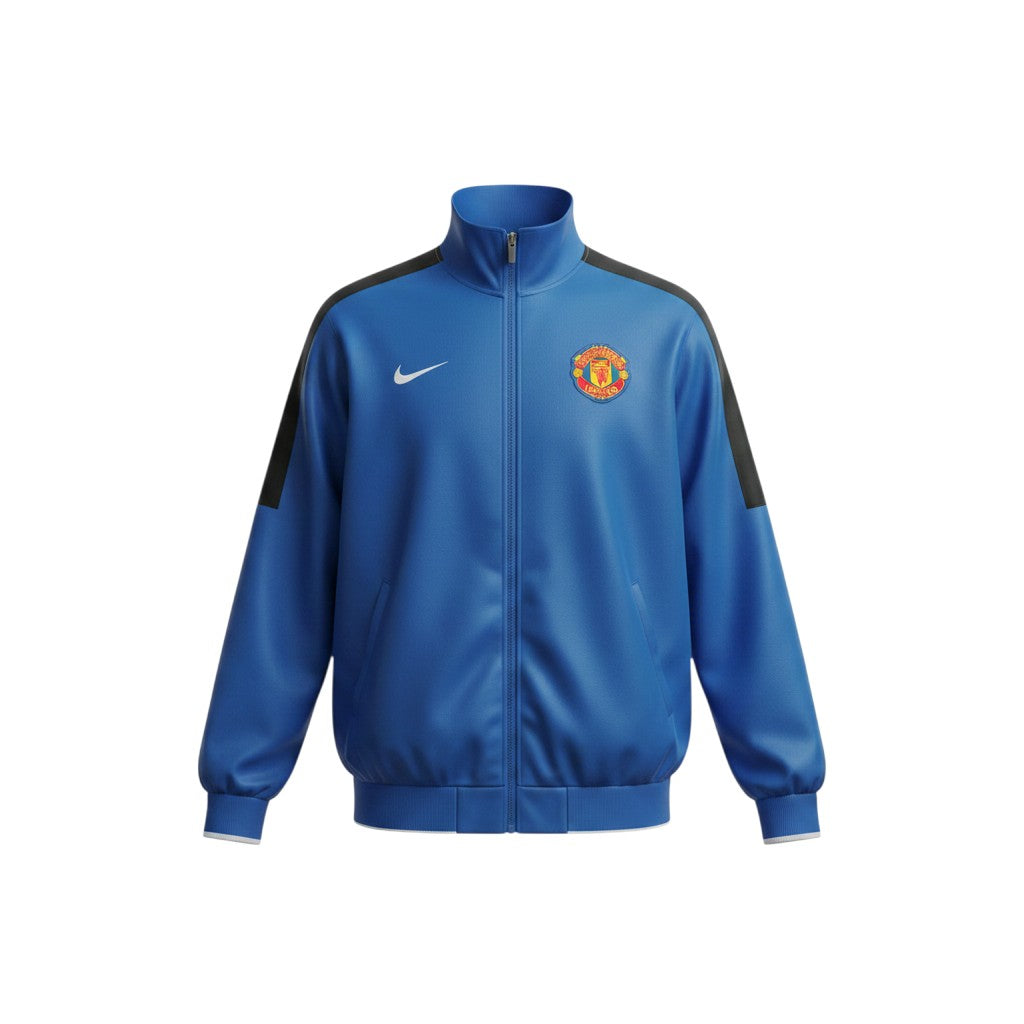 Chaqueta retro azul del Manchester United 2010 de Archive Football con cremallera, escudo bordado y detalles negros.