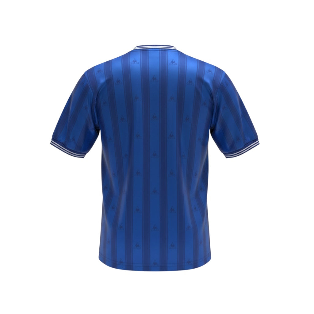 Archive Football Chelsea 1985/86 retro home jersey in blue with vertical stripes and white trim, back view.