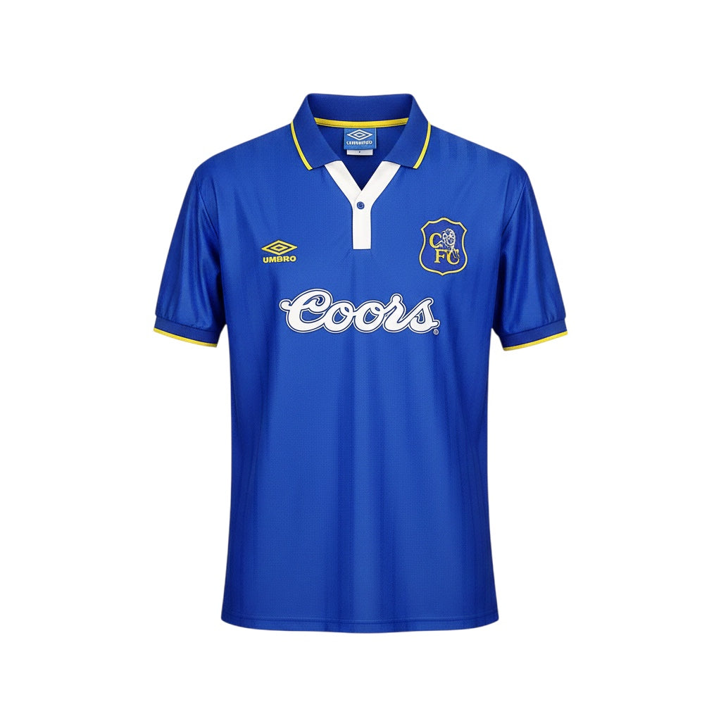 Archive Football Chelsea 1995-97 retro home jersey in blue with white collar, embroidered crest, and Coors sponsor.