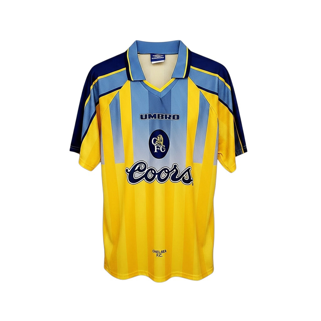 Archive Football Chelsea 1996/97 away retro jersey in yellow and blue with classic collar and embroidered logos