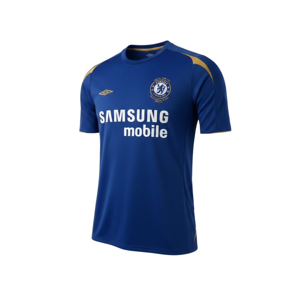 Archive Football Chelsea 2005/06 retro home jersey in blue with gold accents, embroidered crest, and sponsor logo.