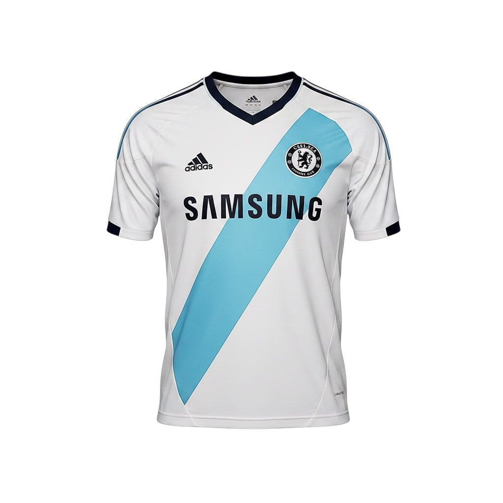 Archive Football Chelsea 2012/13 away retro jersey in white with a blue diagonal sash and embroidered club crest