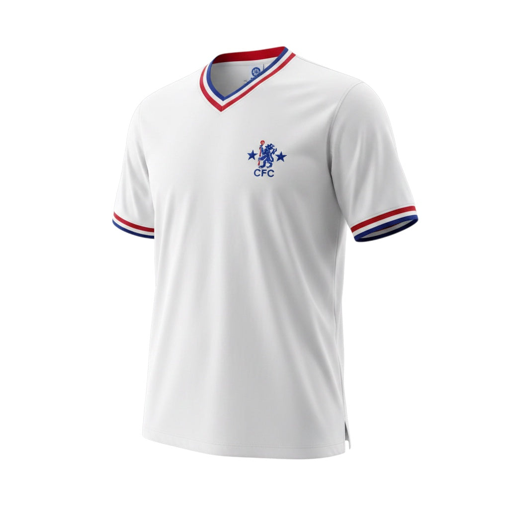 Archive Football Chelsea 1981-84 away retro jersey in white with red and blue v-neck trim and embroidered CFC crest