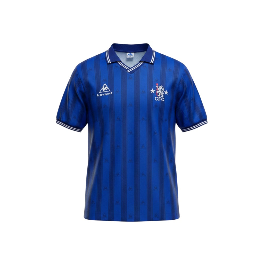 Archive Football Chelsea 1985/86 retro home jersey in blue with vertical stripes, v-neck collar, and embroidered crest.