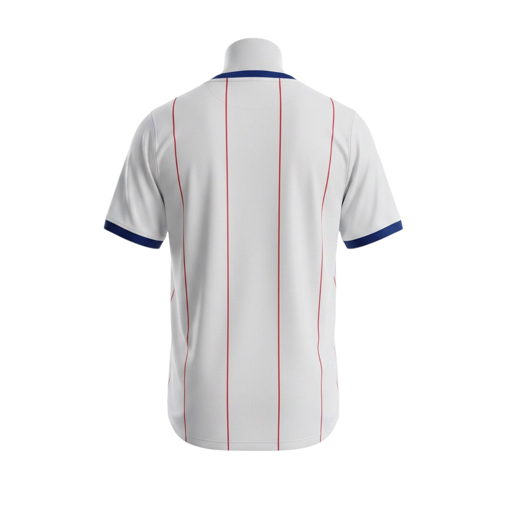 Archive Football Chelsea 2026/2027 third jersey back view in white with red pinstripes and blue trim