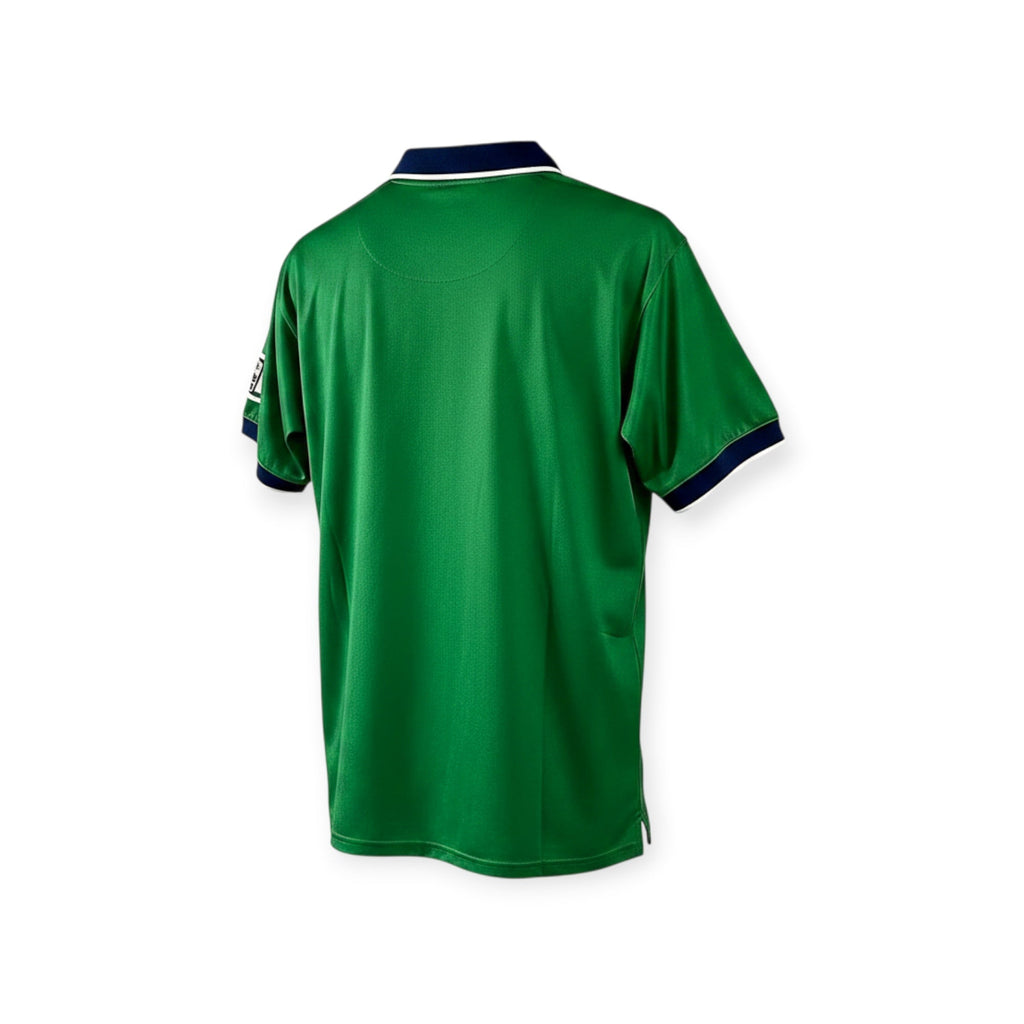 Back view of Archive Football Chicago Fire 1998 away retro jersey in green polyester with navy and white collar trim.