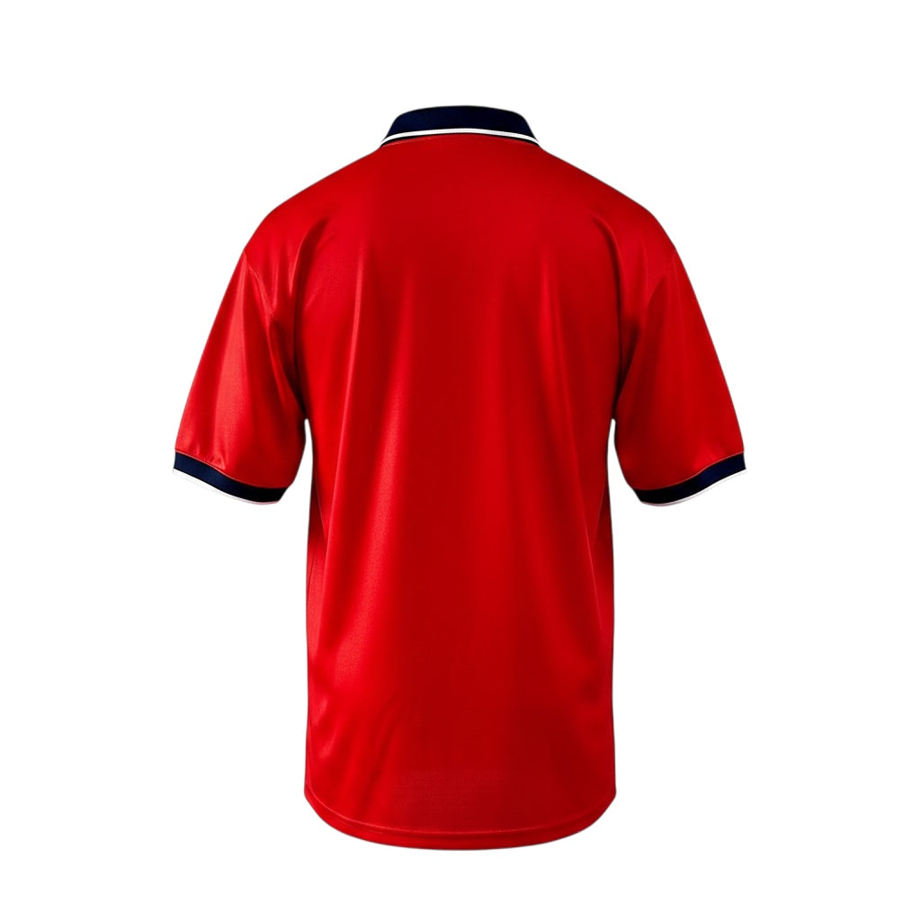 Archive Football Chicago Fire 1998 retro home soccer jersey in red with navy and white collar trim, back view.