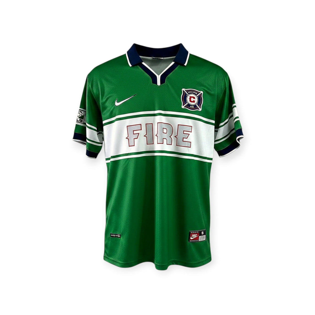 Archive Football Chicago Fire 1998 away retro soccer jersey in green and white with embroidered crest and collar.