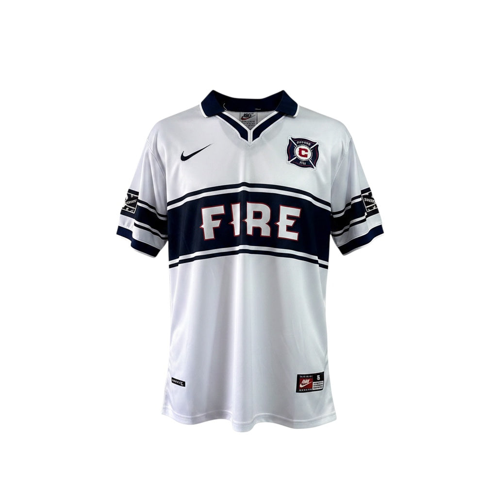 Archive Football Chicago Fire 1998 retro third jersey in white and navy with embroidered crest and classic collar