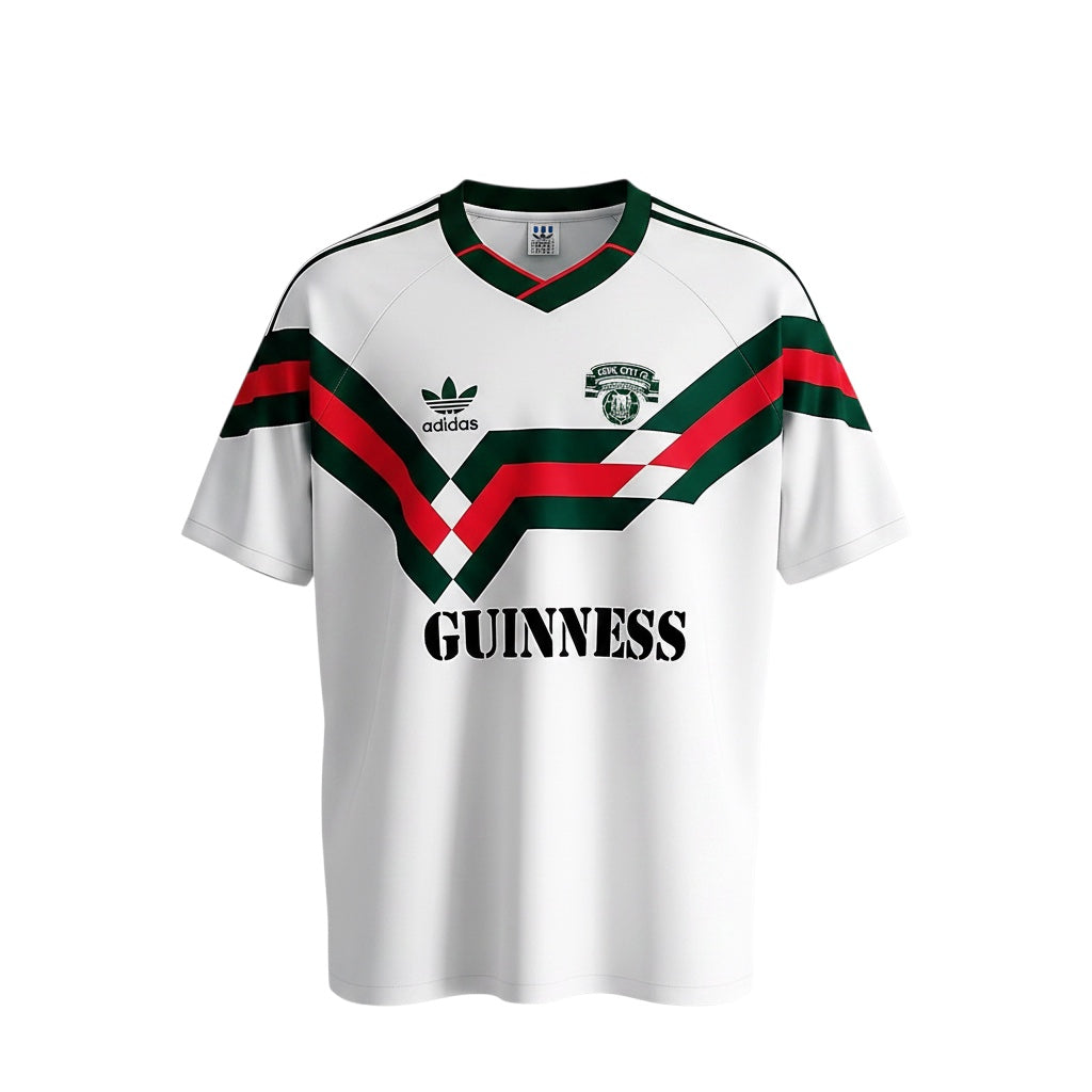 Archive Football Cork City 1988/89 retro home jersey in white with green and red chest chevron and Guinness sponsor
