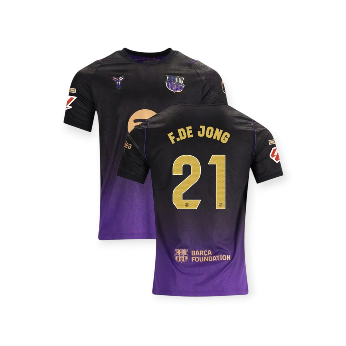 Archive Football De Jong FC Barcelona 2026/27 away jersey in black and purple with gold player name and number 21.