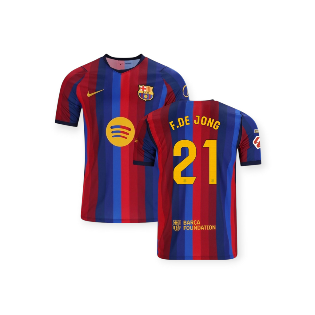 Archive Football De Jong FC Barcelona 2026/27 home jersey featuring blue and red stripes with yellow player details.
