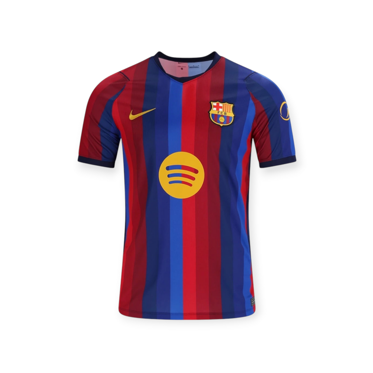Archive Football De Jong FC Barcelona 2026/27 home jersey in iconic red and blue vertical stripes with gold accents.
